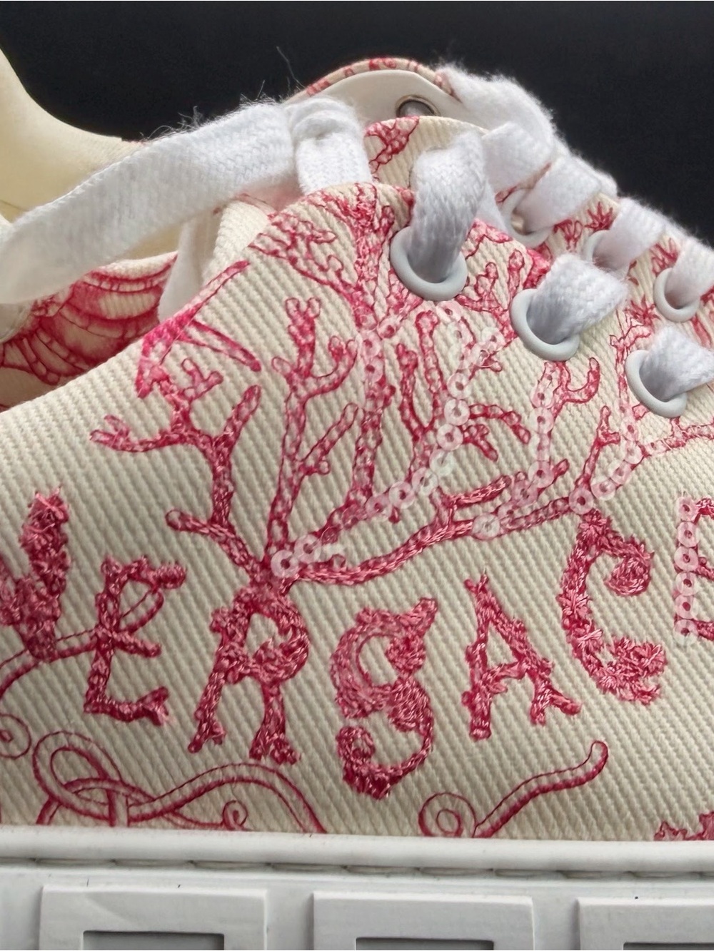 Versace Women’s Cream Canvas Sneakers with Pink Toile Print
Like New - Picture 11 of 11